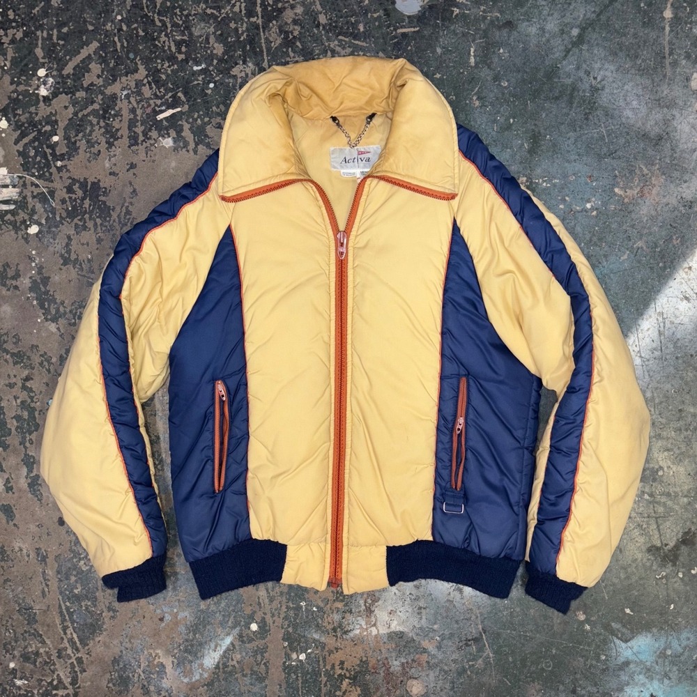 Vintage Activa Colorblock Puffer Jacket Cream Blue Women's XL Y2K